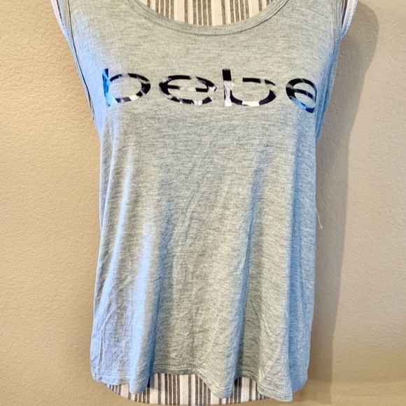 NWT Bebe Top Medium Grey Sleeveless Bebe Logo Mesh Stripe Design Rayon Spandex - Picture 3 of 13